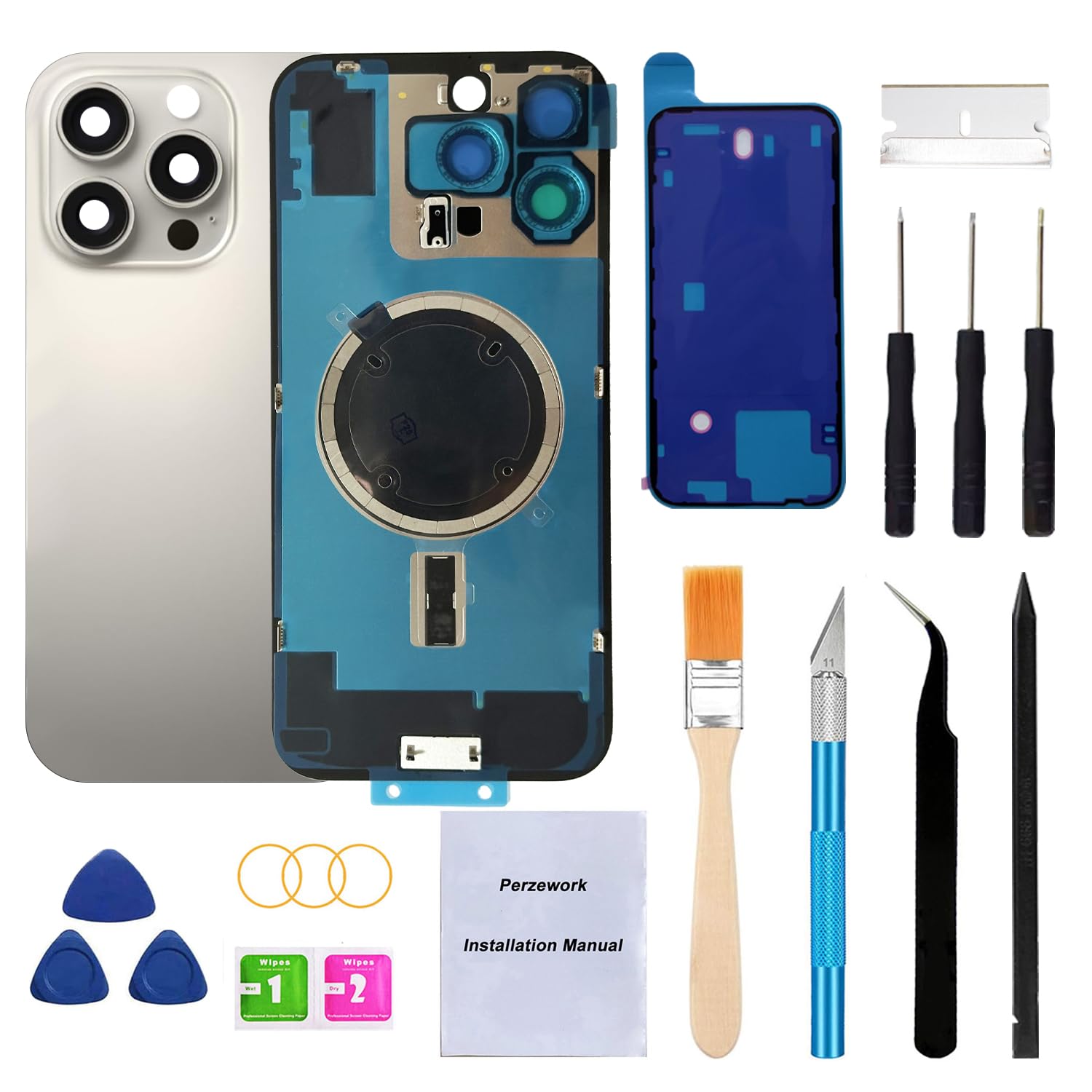 Photo 1 of Perzework Rear Back Glass Replacement for iPhone 16 Pro Max 6.9-inches+ Pre-Installed Plate and Camera Frame and Lens + Reparing Tool Kit (Natural Titanium)