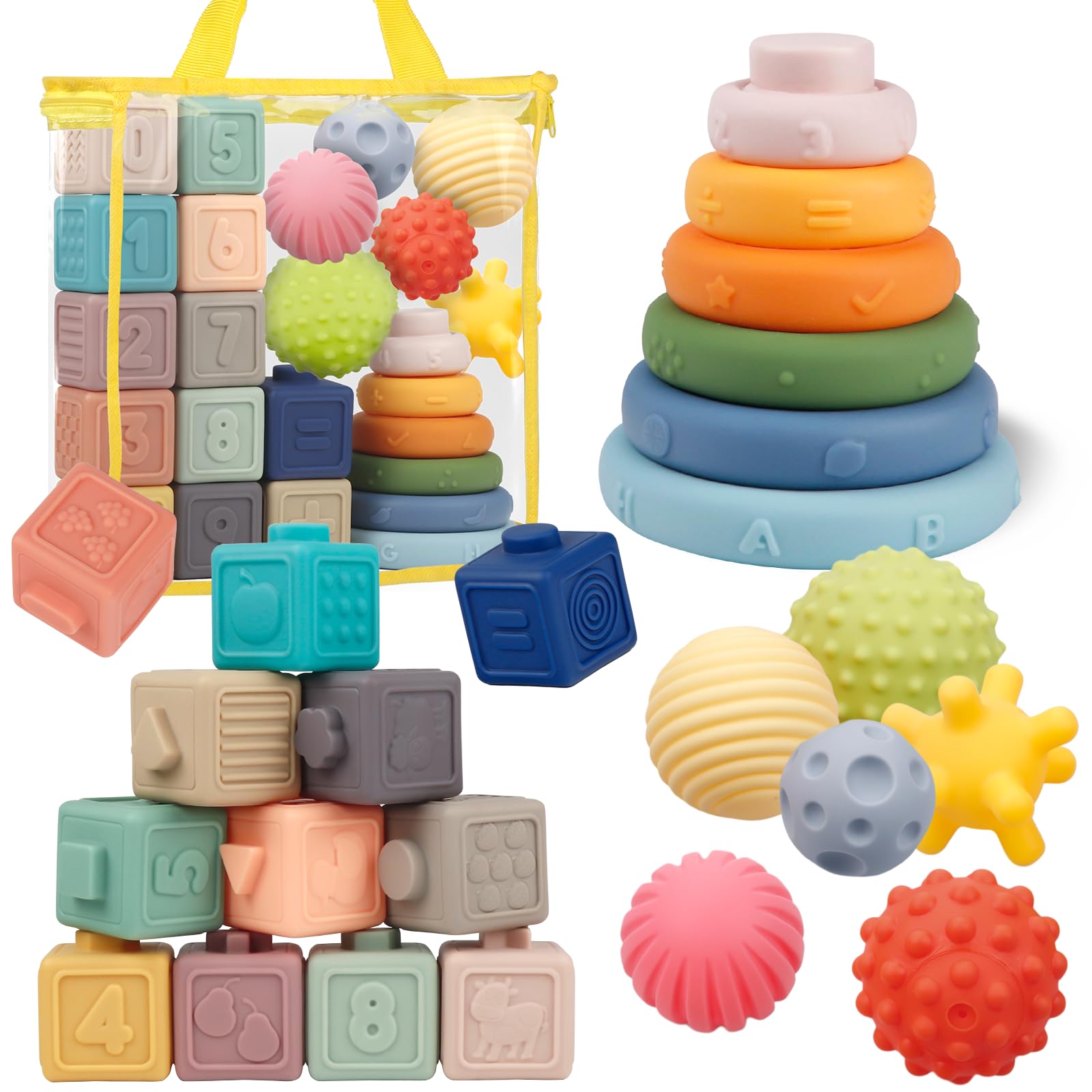 Photo 1 of Montessori Toys for Babies,Soft Stacking Building Blocks Rings Balls Sets,3 in 1 Baby Toy Bundle,Sensory Toy for 6-12 Months, Soft Teething Toys for Babies,Baby Gifts for Boy Girl