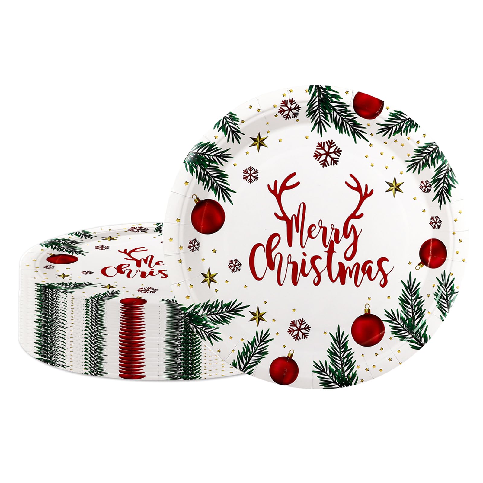 AHPYEUHK Christmas Party Paper Plates Disposable 7 Inch 50 pcs Dinner Plates Dessert Plates Christmas Bell Green Branch Holiday Party Decorations