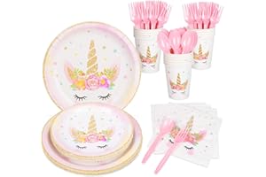 DECORLIFE Unicorn Plates and Napkins Set Serves 16, Unicorn Party Supplies for Girls Birthday, Baby Shower, Cups, Knives, Forks, Spoons Included, Total 112PCS
