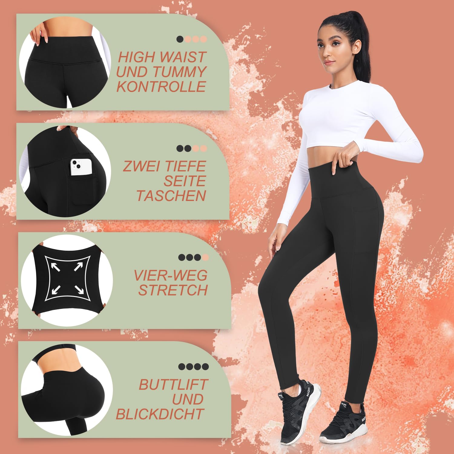 ACTINPUT Thermo Leggings Damen Gefütterte Thermoleggins High Waist Thermohose Winter Warme Sportleggins Strumpfhosen Yogahose Laufhose Sporthose mit Taschen(Schwarz,L-XL)