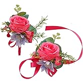 MAFELOE 2 Pieces Artificial Rose Wrist Corsage and Boutonniere Set, Groom Groomsmen Bride Bridesmaids Wedding Flowers Accessories Prom Party Suit Decorations - Rose Red
