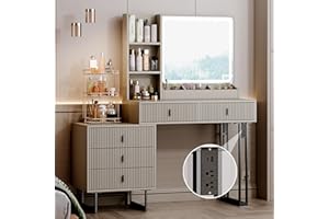 YYJ Large Vanity Desk with 3 Color Touch Screen Dimming Mirror, Vanity Desk with Charging Station, Modern Retractable Makeup Vanity Table, Makeup Table with Storage Shelves, Grey