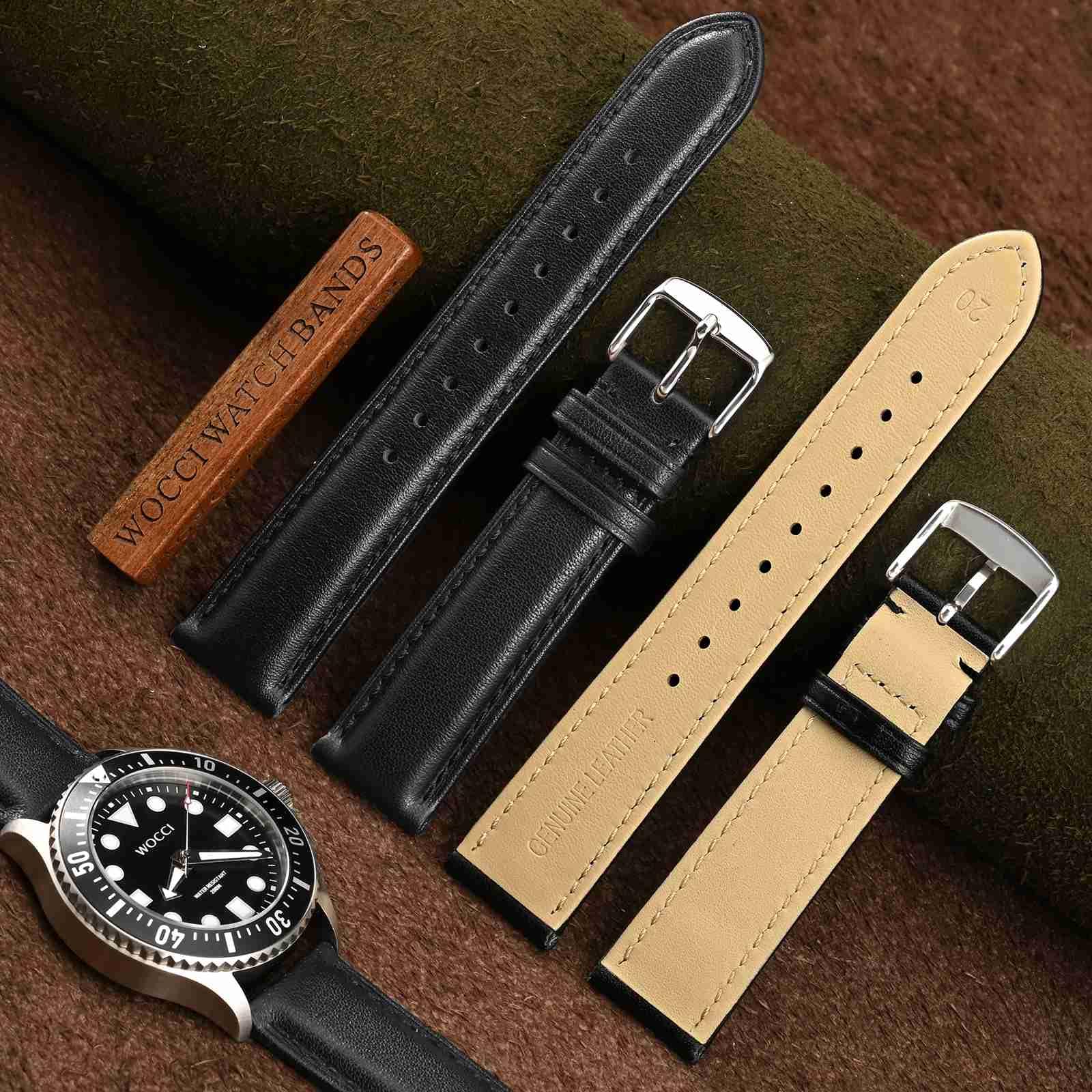 WOCCI 20mm Vintage Leather Watch Band for Men and Women, Silver Buckle (Black)