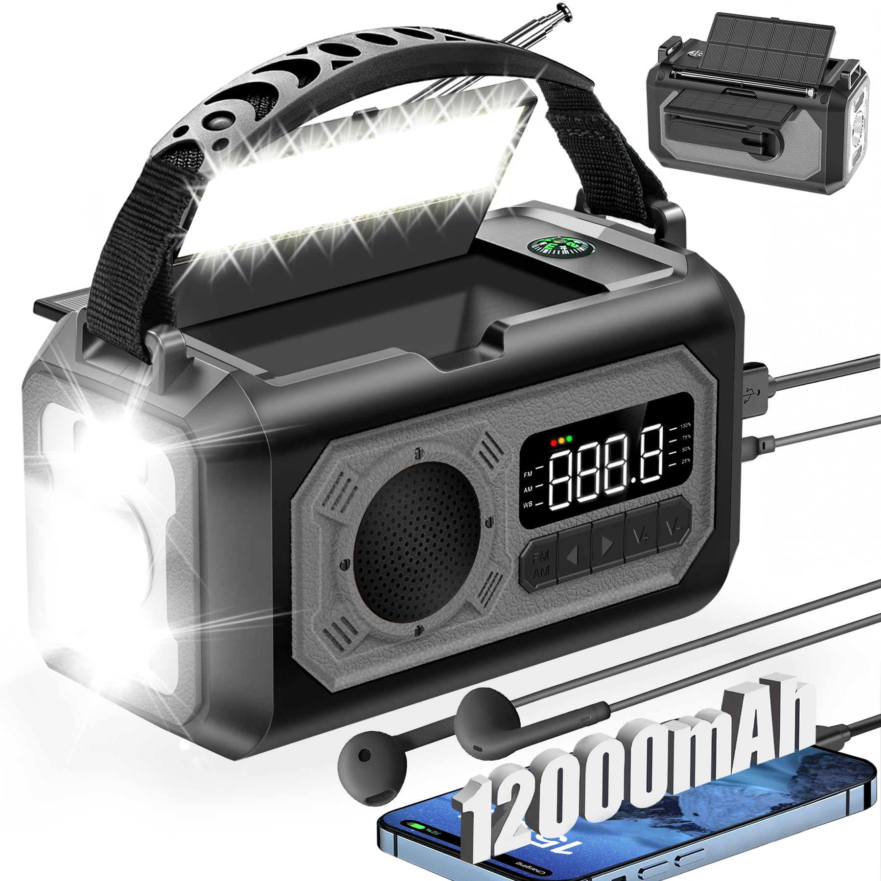 Photo 1 of 12000mAh Emergency Weather Radio, Hand Crank Solar Radio Portable AM/FM/NOAA Radio with 2 Solar Panels 3 Charging Methods SOS Alarm 3 Mode Flashlight Phone Charger Compass Reading Lamp