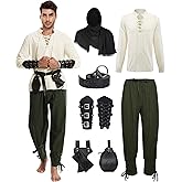 7 Pcs Men's Renaissance Costume Medieval Pirate Shirt Ankle Banded Pants Viking Costume Accessories Set
