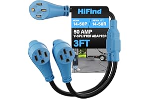 HIFIND 50 Amp Y Splitter Adapter Cord 3 Ft for RV EV Charging, 4 Prong 250V NEMA 14-50P to (2) 14-50R for Power Extension Plug & Auto/EV/Tesla Model 3/S/X/Y, Heavy-Duty 6/3+8/1 Gauge STW Outdoor, ETL-Blue
