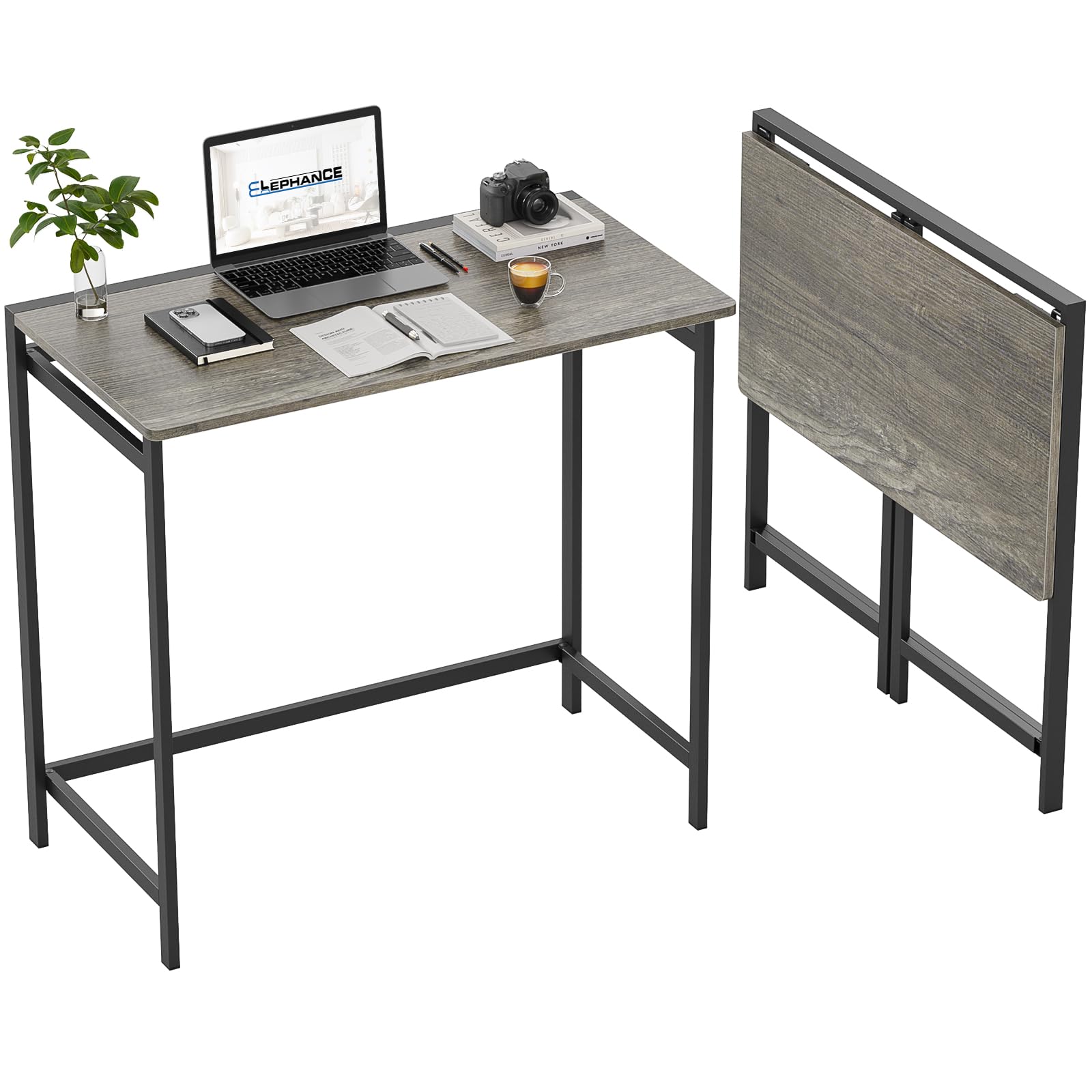 Photo 1 of Elephance Folding Desk No Assembly Required 31.5" Small Foldable Computer Desk for Small Spaces, Space Saving Study Writing Office Desk Foldable Table for Home Office Black Oak