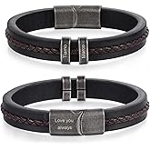 Jeweidea Personalized Leather Bracelet with Name Beads, Custom Braided Bangle Father's Day Engraved Jewelry Gifts for Men Dad Him Husband