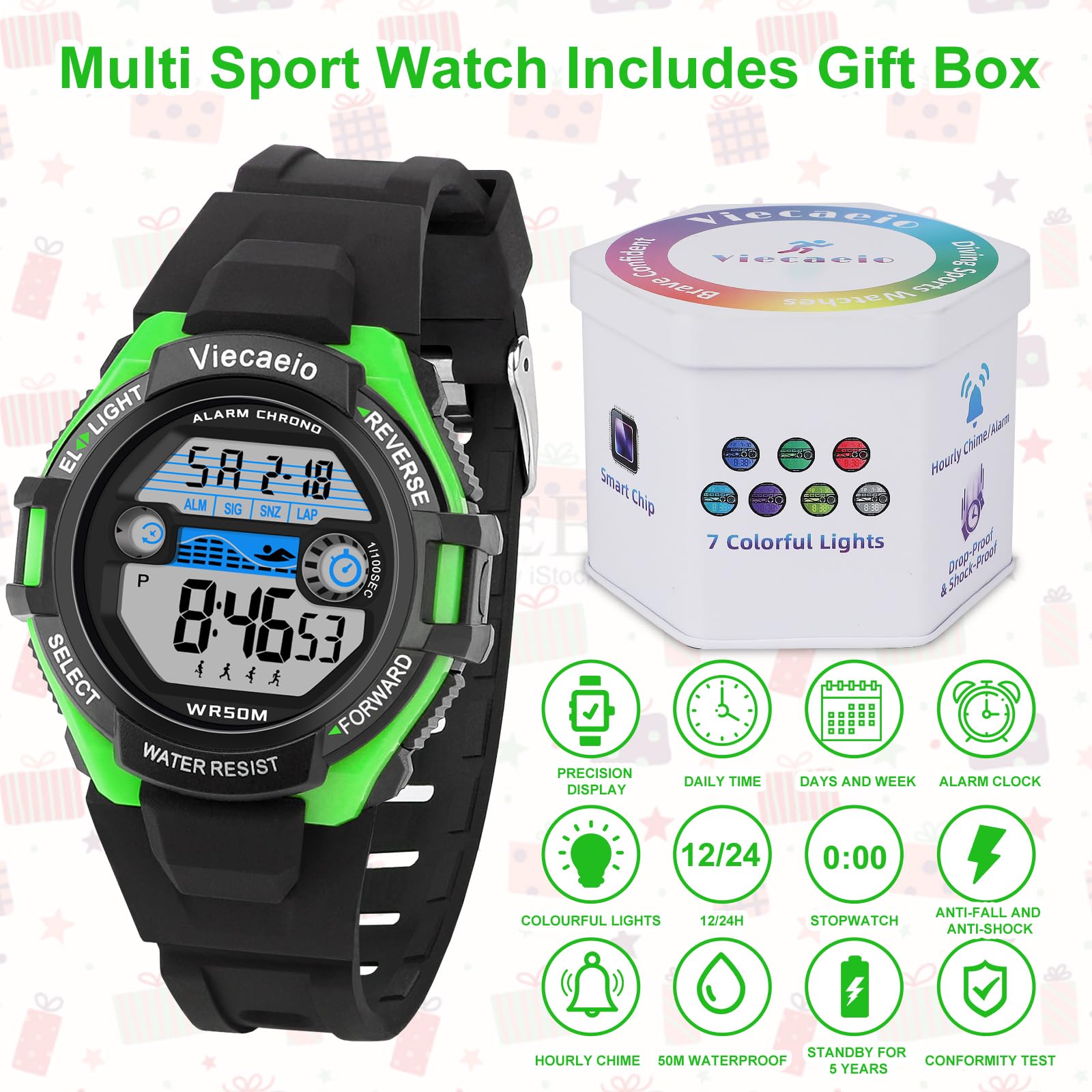 Viecaeio Kids Digital Watch for Boys Girls, Waterproof LED Colorful Lights Sports Watch Suitable for 5-17 Years Old Teenagers (with Gift Box)