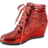 Forever Link Women's Fashion Glitter High Top Lace Up Wedge Sneaker Shoes