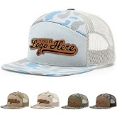 Custom Logo Hat Flat Bill 7 Panel Trucker Laser Engraved Faux Leather Patch