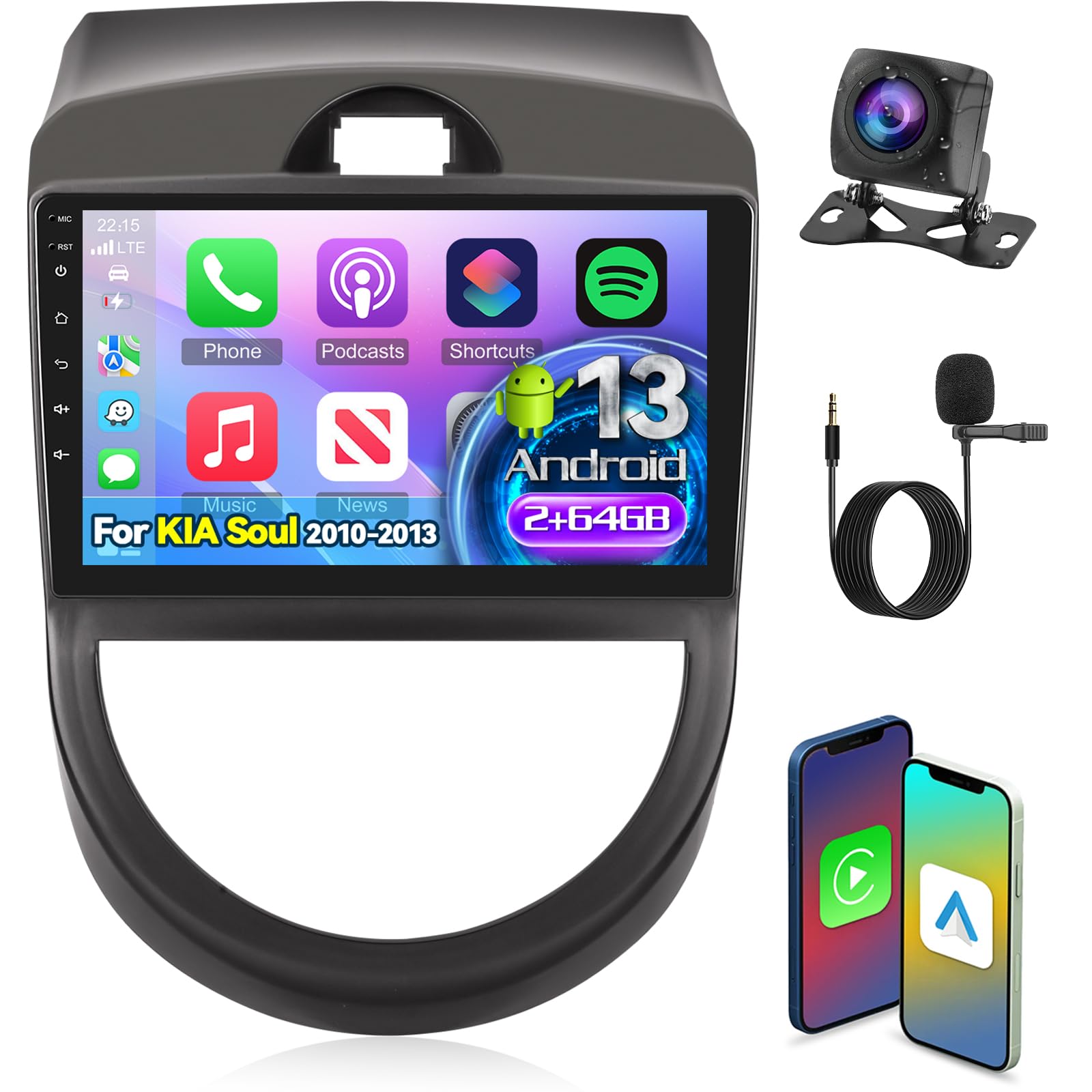 Photo 1 of [2+64G] NHOPEEW 9 Inch Car Stereo for KIA Soul 2010-2013 - Wireless CarPlay & Android Auto - Touch Screen Android Car Radio with DSP/WiFi/GPS/Bluetooth/SWC/Mirror Link + AHD Backup Camera