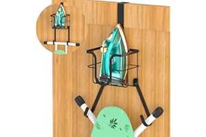 XILIMEN Ironing Board Hanger Wall Mount/Over The Door, SUS304 Stainless Steel Foldable Laundry Room Iron and Ironing Caddy Board Storage Holder with T & Y Shape Movable Hooks,Matte Black