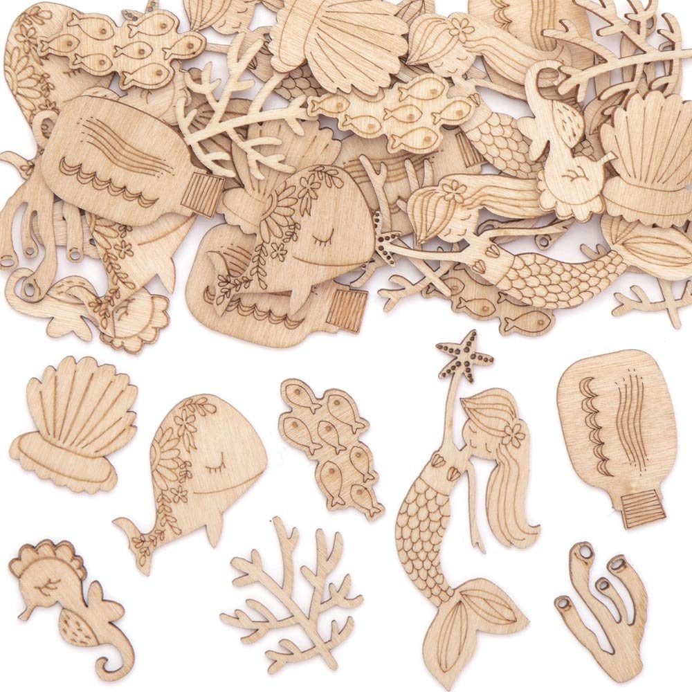 Baker Ross AT758 Sealife Mini Wooden Shapes, Arts and Crafts Embellishments, 20mm-40mm, Wood, Pack of 40, Pieces