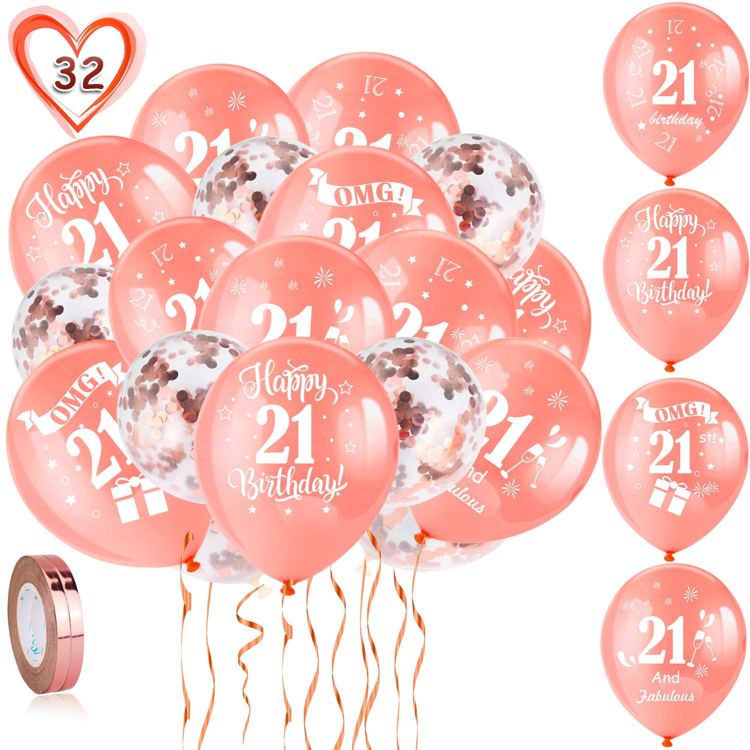 HOWAF 21st Birthday Balloon, Pack Of 15 Rose Gold Birthday Balloons Latex Confetti Balloons & 2 Ribbons for Men Women Happy 21st Birthday Party Decorations Supplies - 12 inch (Age 21)