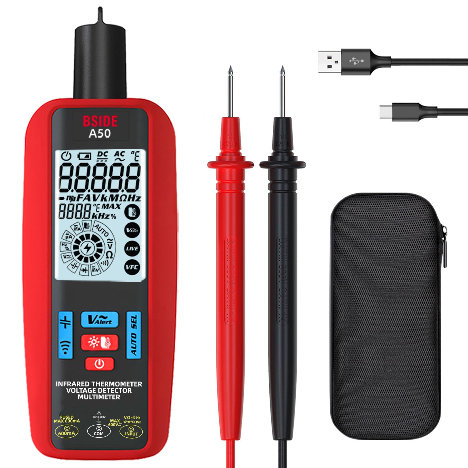 BSIDE A50 Digital Multimeter Tester Rechargeable with Infrared Thermometer 6000 Counts, Smart Voltmeter Ammeter Measures Voltage Current Resistance Continuity Capacitance Frequency Duty Cycle NCV