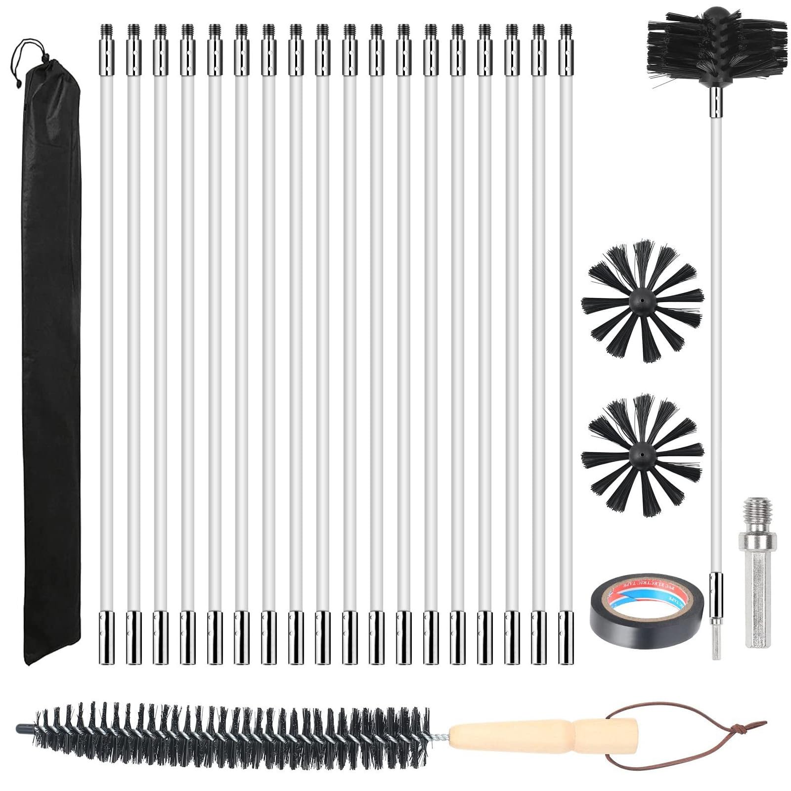 4" Chimney Cleaning Brush Set with 18 Flexible Nylon Rods 41cm and 2 Brush Heads, Chimney Cleaning Brush and Rod Set, Fireplace Brush Kit, Dryer Vent Cleaning Brush, Wood Stove Cleaning