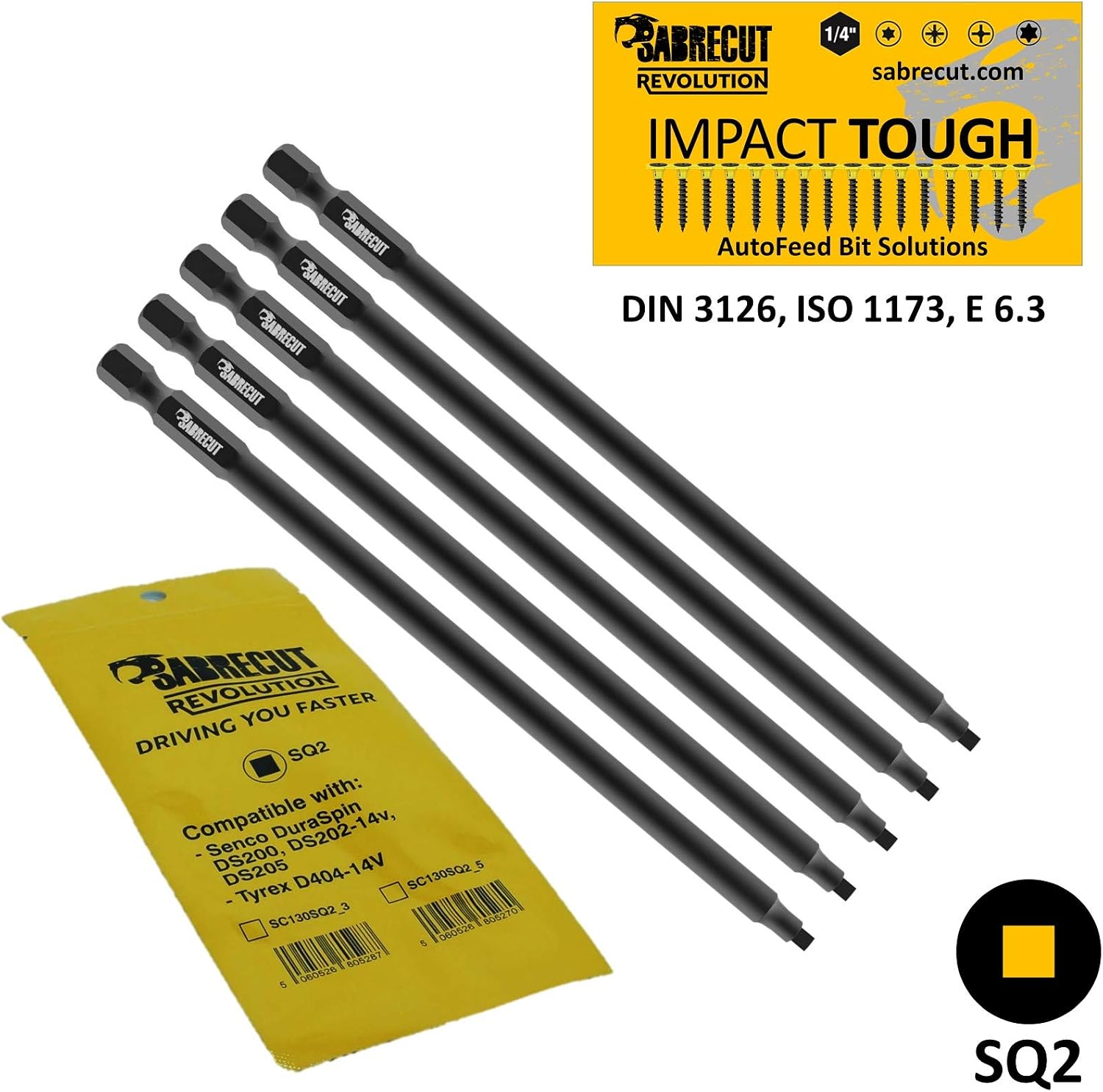 5 x SabreCut SC130SQ2_5 130mm SQ2 Compatible with SENCO DuraSpin DS200 DS202 DS202-14v DS205 EA0123 and TYREX D404-14V Autofeed Collated Drywall Screwdriver Gun Bit Single Ended Square No.2 Heavy Duty - Image 3