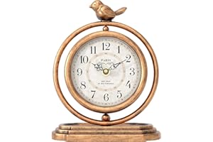 ChimeTide Gold Vintage Table Clock with Bird, European Retro Style Mantel Clocks, Desk and Shelf Decor Clock, for Living Room, Farmhouse, Bedside, Bedroom, Gift (7.9" H x 6.3" W)