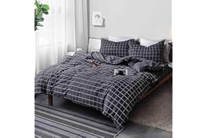 Nanko Black Full Size Duvet Cover Set, Dark Plaid Grid Geometric 3 Pieces 80x90 Luxury Microfiber Quilt Bedding Cover with Zipper Closure, Ties - Organic Modern Style Bed Sets for Men and Women Teen