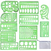 11 Pieces Geometric Drawings Templates Stencils Plastic Measuring Template Rulers Clear Green Shape Template for Drawing Engi