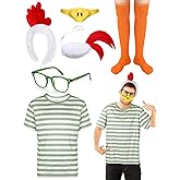Tellingyou Halloween Chicken Costume Striped Shirt Chicken Nose Mask Tail Headband Glasses Stocking Cosplay Accessories