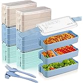 LemonRoad 6 Pack Stackable Bento Box Japanese Lunch Box Set for Adult with Fork and Spoon 3 in 1 Compartment 900 ml Leak-proof Wheat Straw Lunchbox for Work, Picnic, Dining out