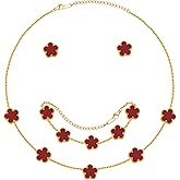 Gold Necklaces Bracelets Earring Set - 18K Gold Plated Flower Bracelet ,Stainless Steel Non Tarnish Floral Pendant Stud Jewelry Sets,Christmas Birthday Lucky Gift for Her Mom Wife Daughter Girlfriend