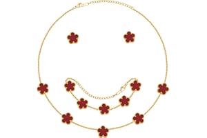 VNOX 18K Gold Plated Five-Leaf Clover Jewelry Set: Single-Layer Necklace + Adjustable Bracelet + Earrings - Lucky Gifts for W