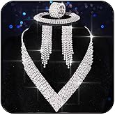 Aukmla Bridal Wedding Jewelry Set Silver Rhinestones Bride Wedding Necklace Earring Bracelet Ring Sets Prom Necklaces for Women