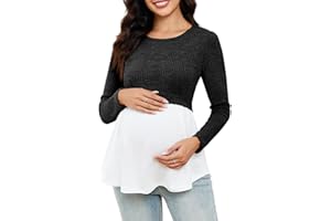 FMEYOA Women’s Maternity Shirts Long Sleeve Nursing Tops Scoop Neck Patchwork Breastfeeding Shirts Pregnancy Clothes