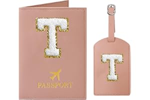JOYRNALK Passport Holder for Travel Women Initial Passport Cover Passport Wallet Passport Case Travel Essentials Leather Passport Holder and Luggage Tags Set With Chenille Letter Patch for Travel Family Pink T