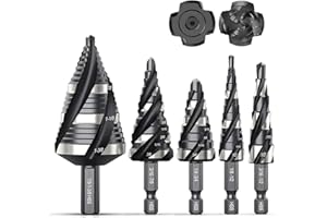 THINKWORK Four Spiral Flute Step Drill Bit Set, 5 Pcs HSS Step Drill Bits (1/8"-1-3/8") Unibit, 1/4" and 3/8" Shank Step Bits