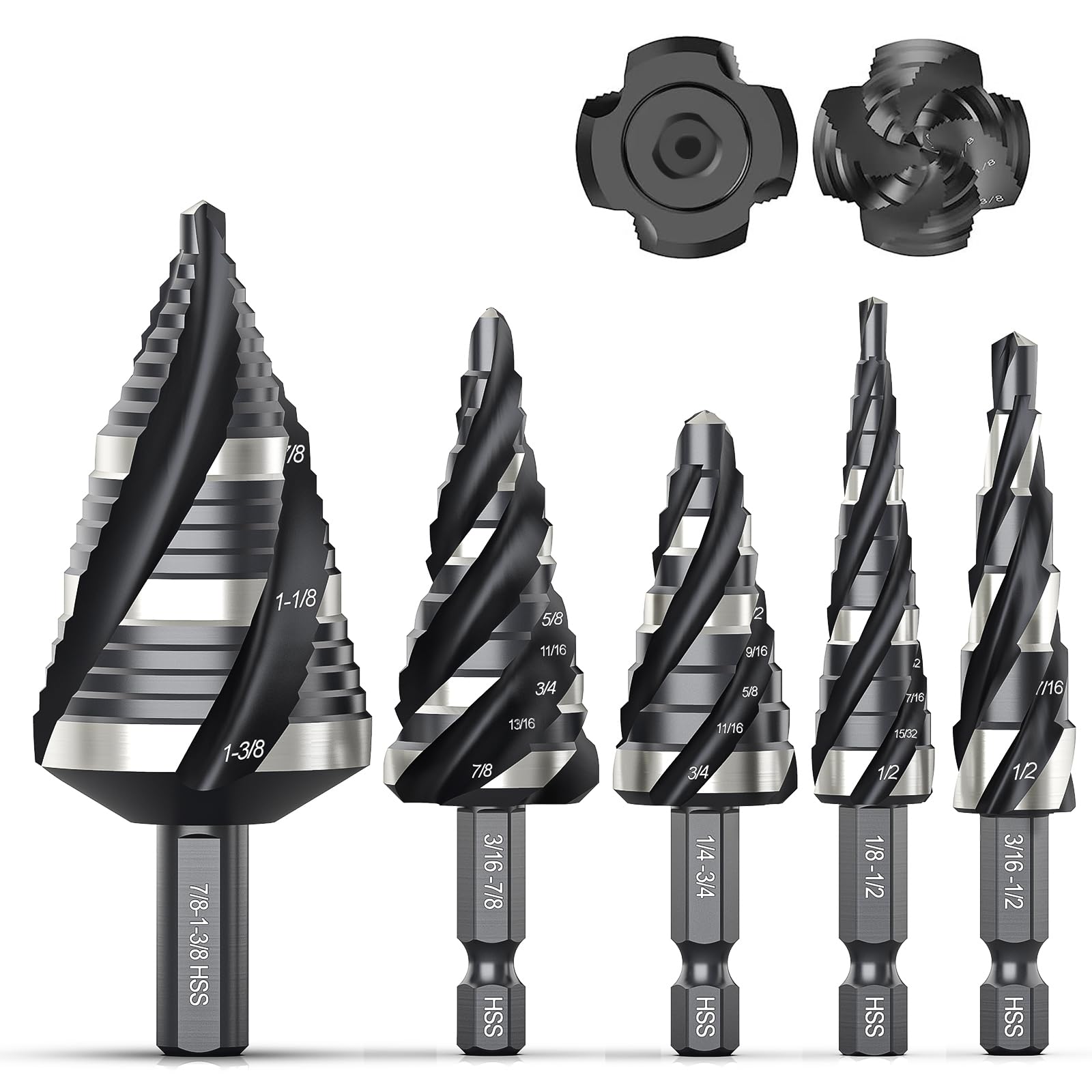 Photo 1 of THINKWORK Four Spiral Flute Step Drill Bit Set, 5 Pcs HSS Step Drill Bits (1/8"-1-3/8") Unibit Step Drill Bit, 1/4" and 3/8" Shank Step Bits for Aluminum, Wood, Plastic, Metal