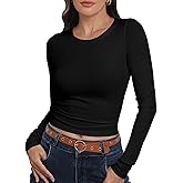 Roselux Womens Long Sleeve Stretch Crewneck Ribbed Knit Fitted Crop Top Casual Basic Shirts