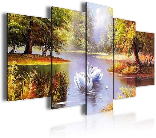 Amazon Co Jp Qmglbg 5ピースの装飾的な絵画 白鳥家族キャンバス絵画アートリビングルーム公共の場所壁の装飾ホリデーギフトを掛けることができます 内枠 おもちゃ