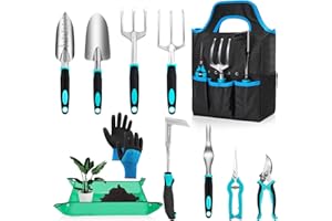 ZYNKORA Garden Tool Set with Non Slip Rubber Grip,11 Piece Stainless Steel Gardening Tool Sets,Thickened Repotting Mat & Storage Tote Bag,Heavy Duty Outdoor Hand Tools Uprooting Weeding Tool, Ideal Gifts Blue