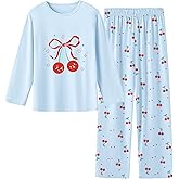 Umeyda 2-Piece Pajama Set for Girls, Cotton Cartoon Pattern Sleepwear Pjs Set Size 5-14