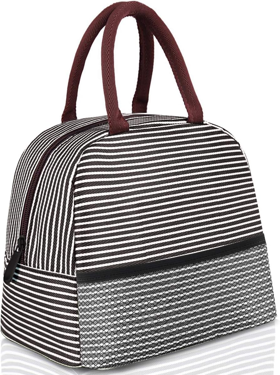 Insulated Lunch Box, Brown Stripe Reusable Food Insulated Lunch Bags Tote with Cold Heat Preservation for Kids Students Adults Men Women