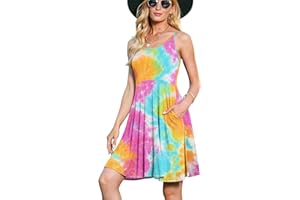 Jouica Women's Summer Off Shoulder Floral Print Tunic Top Swing T-Shirt Loose Dress with Pockets,Tie Dye Orange, XX-Large