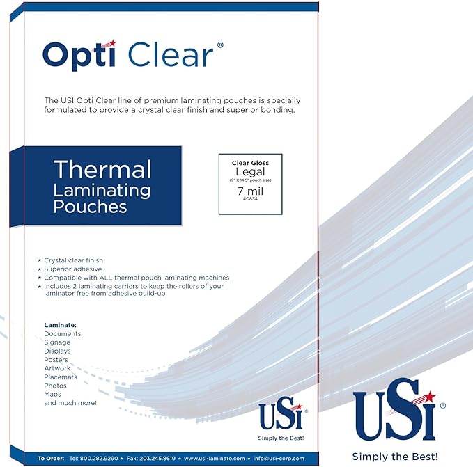 USI Opti Clear Premium Thermal Laminating Pouches, Legal Size, 7 Mil, 9 x 14.5