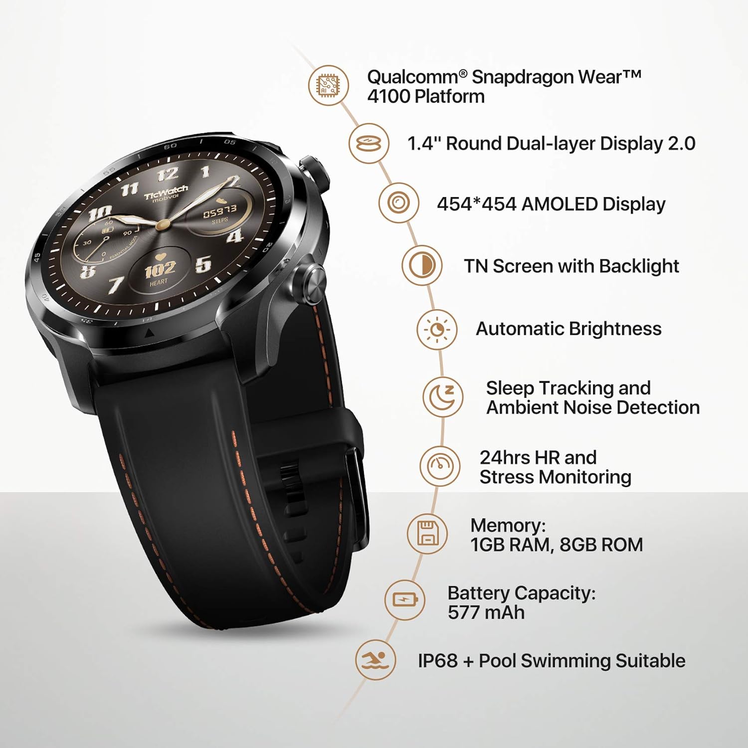 Ticwatch Pro 3 GPS Smart Watch Men's Wear OS Watch Qualcomm Snapdragon Wear 4100 Platform Health Fitness Monitoring 3-45 Days Battery Life Built-in GPS NFC Heart Rate Sleep Tracking IP68 Waterproof: Electronics