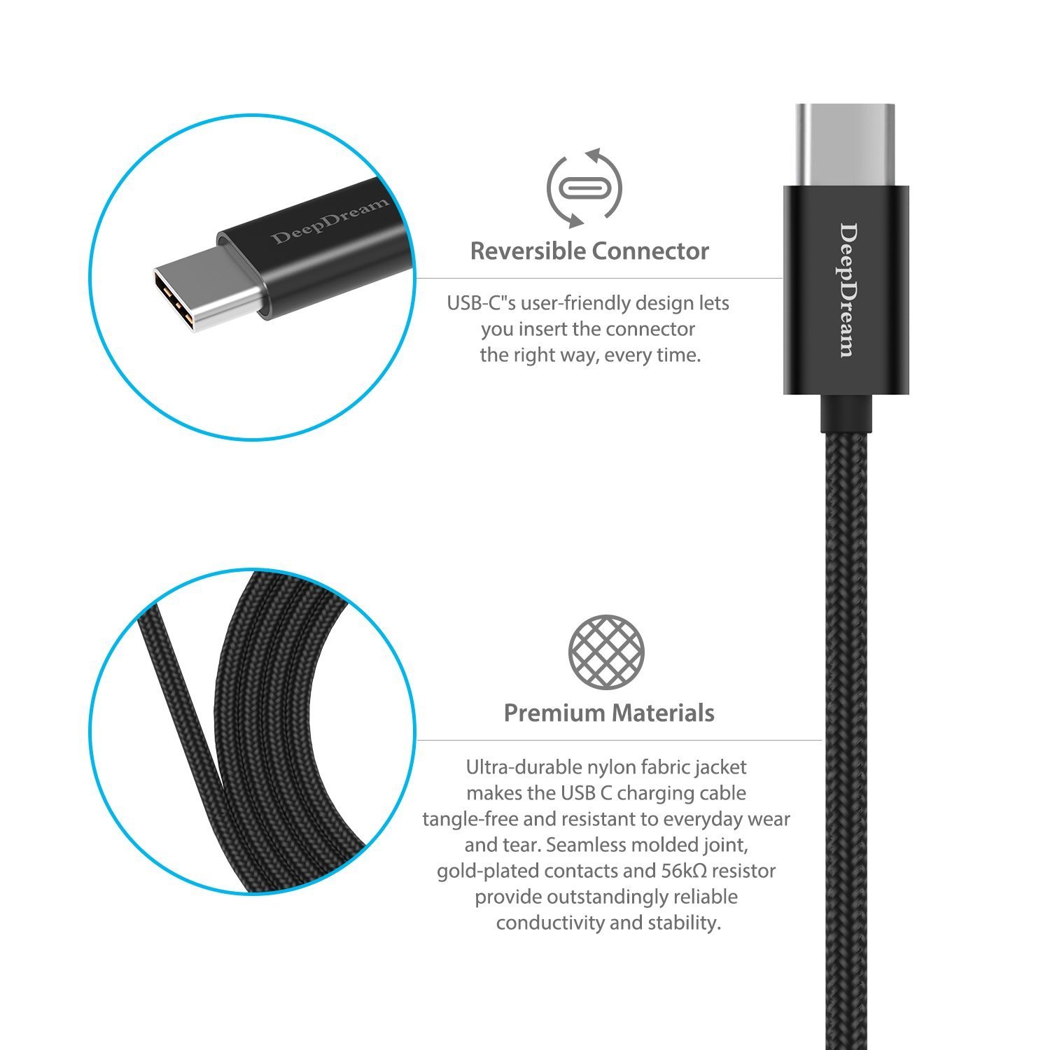 DeepDream USB Type C Cable to USB 3.0 Fast Charger and High Speed Transfer Nylon Braided 3.3Ft Cable for Galaxy Note 8, S8, Google Pixel, and More - Black