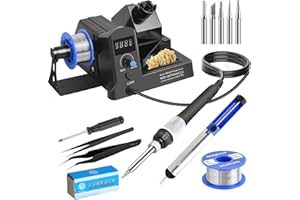 SREMTCH 100W Digital Display Soldering Iron Station Kit, Hot Air Rework Station with Lead-Free Solder, 5 Extra Iron Tips, Tips Cleaner, Tweezers, Solder Sucker, Auto Sleep