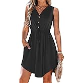 MISFAY Womens Summer Dress Sleeveless Casual Loose Swing Dresses V-Neck Drawstring Waist Mini Dresses with Pockets