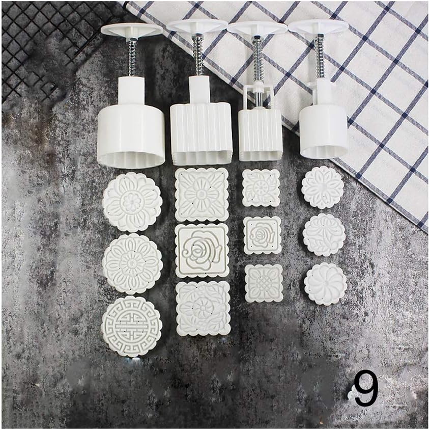 Aslion 4PCS Square/Round Mooncake Mold Hand Pressure Maker Mould with 12 Flower Stamps (9)