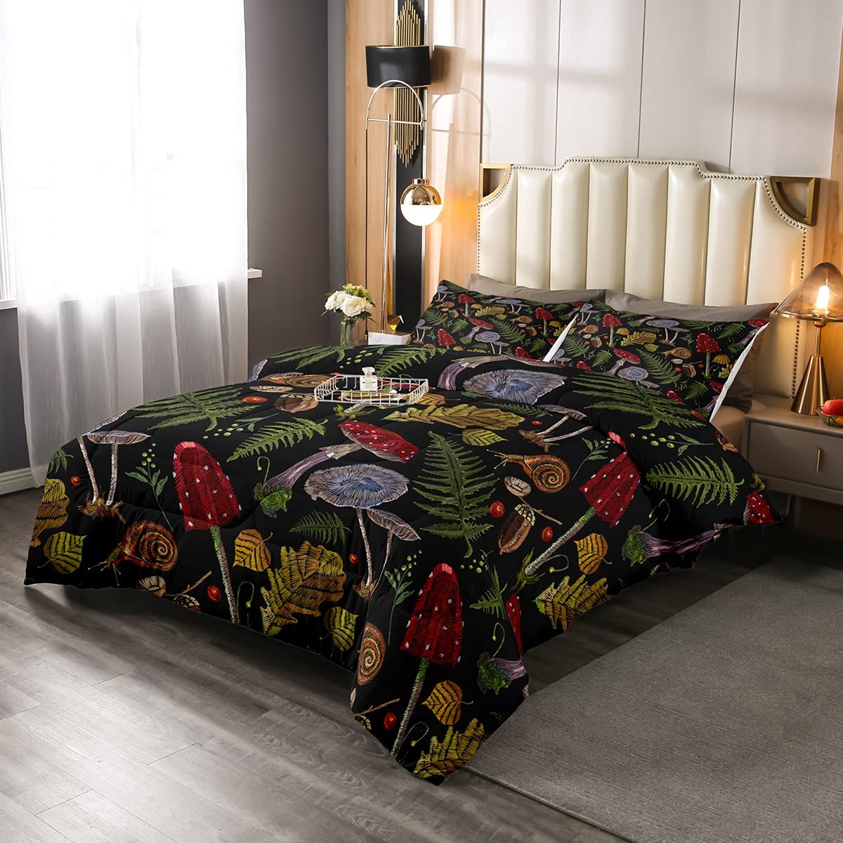 Kids Mushroom Duvet Set Mushrooms Snail Leaf Bedding Set for Boys Girls Teens Bedroom Nature Botanical Animal Wild Plants Down Comforter Double Size