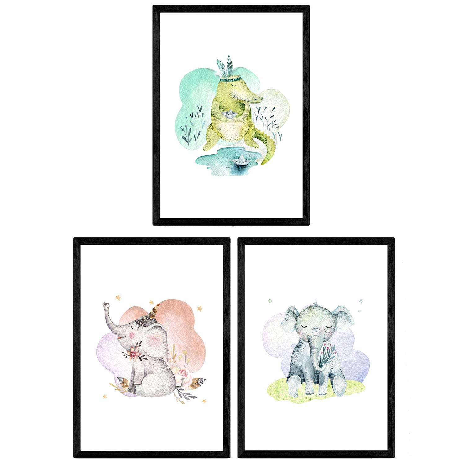 Nacnic Pack of three sheets with illustrations of animals. Posters with children's animal pictures. Crocodile elephants. A3 size unframed