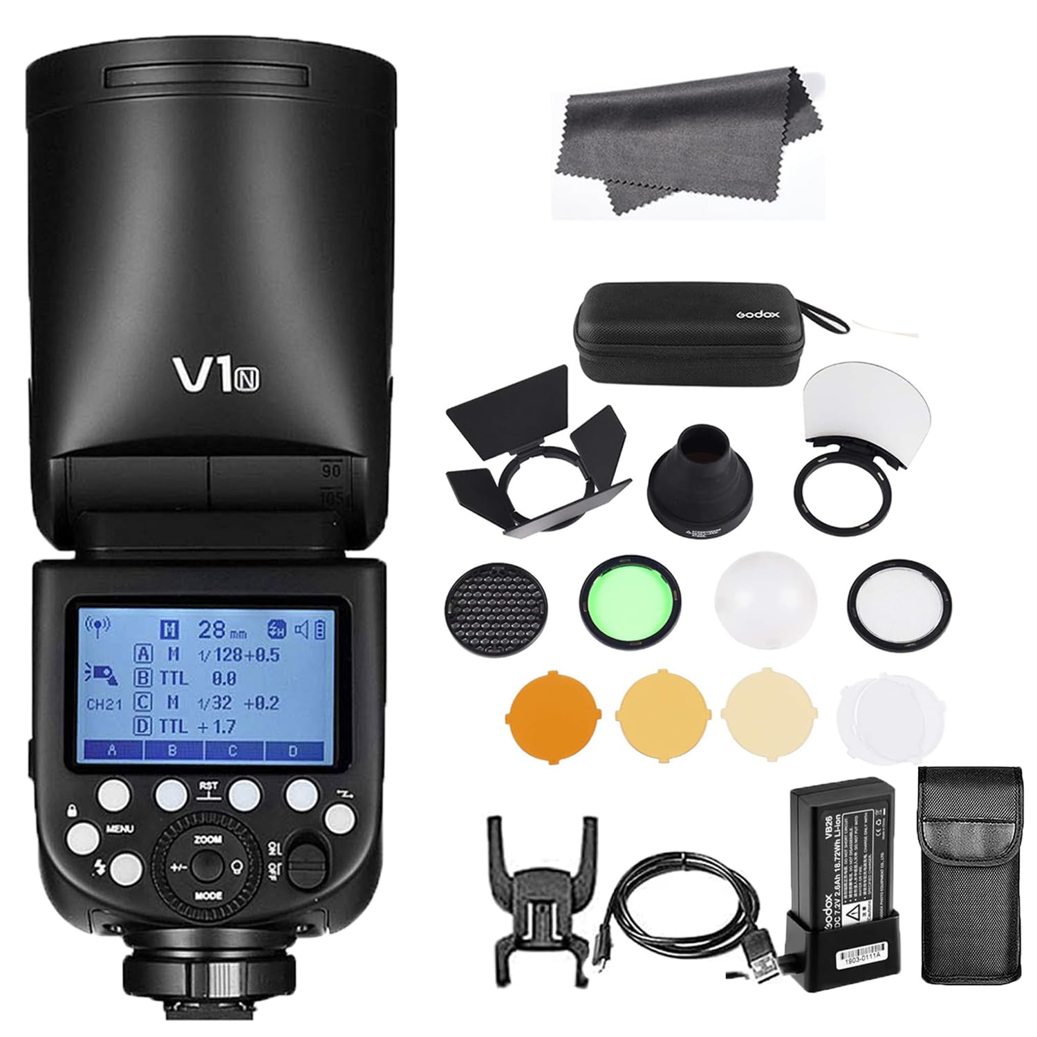 Godox V1-N with AK-R1 Accessories Kit, 76Ws 2.4G TTL Round Head Flash Speedlight, 1/8000 HSS Speedlite, 480 Full Power Flashes, 1.5s Recycle Time, 2600mAh Battery, 10 Level Modeling Lamp